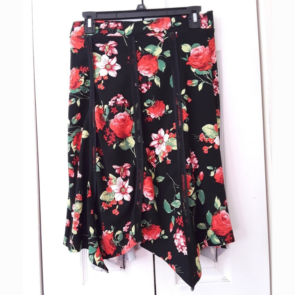 Contenta Black Floral Rose Print Lace Ribbed Skirt